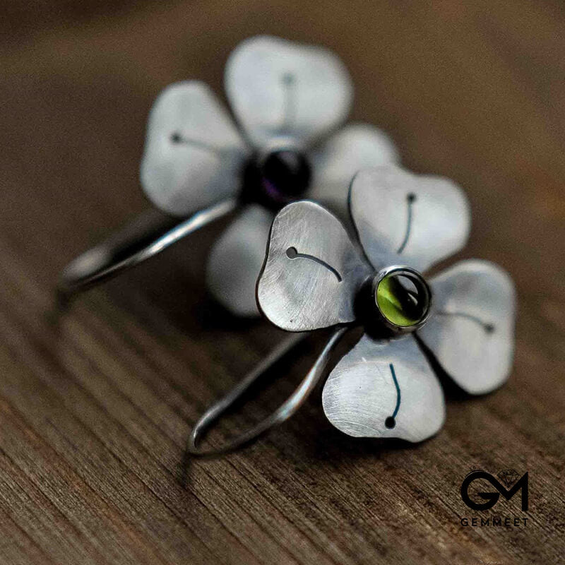 Silver Colored Petals Set with Green Zircon Earrings