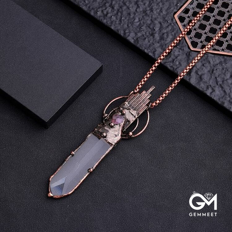 Clear Crystal Copper Vintage Sword Pendant Gemstone Necklace