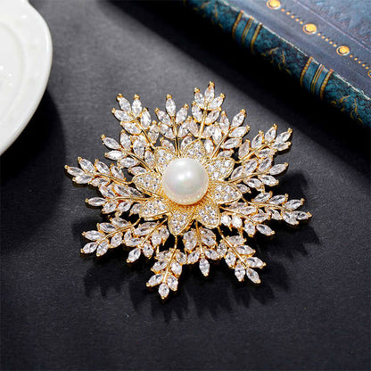 Golden Shinny Pearl Full Stone Snowflake Brooch