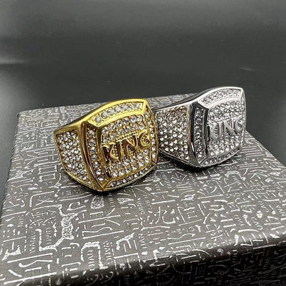 New Hip-hop HIPHOP Ring Titanium Steel Vacuum Gold-plated Synthetic Cubic Zirconia KING King Men's Ring