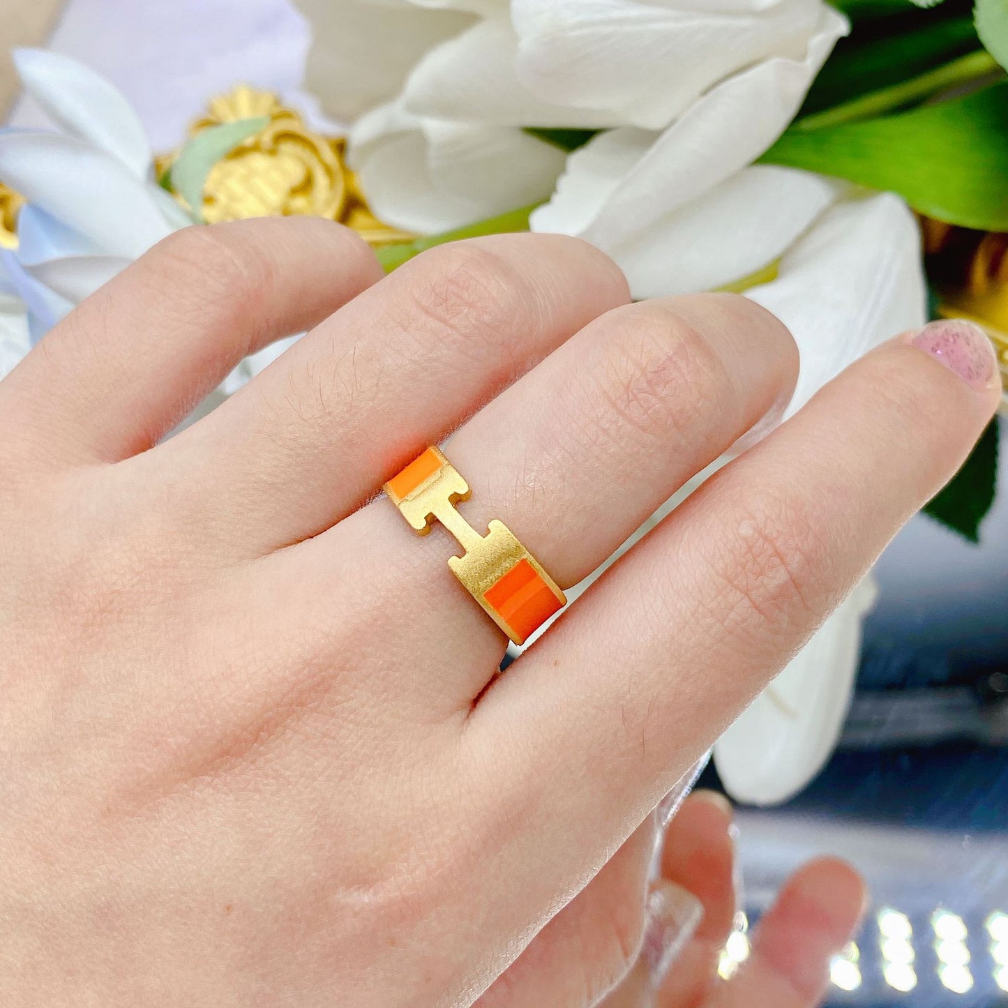 Red Enamel Color Epoxy Women's Fashion H Letter Open Ring 3D Gold Color Ring