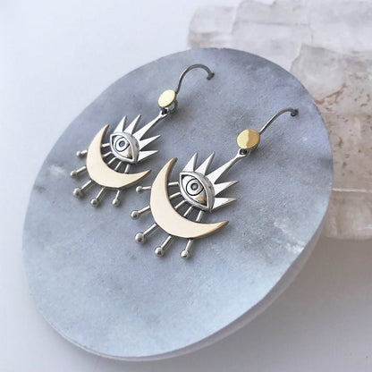 Evil Eye Earrings With Crescent Moon Rays Earrings