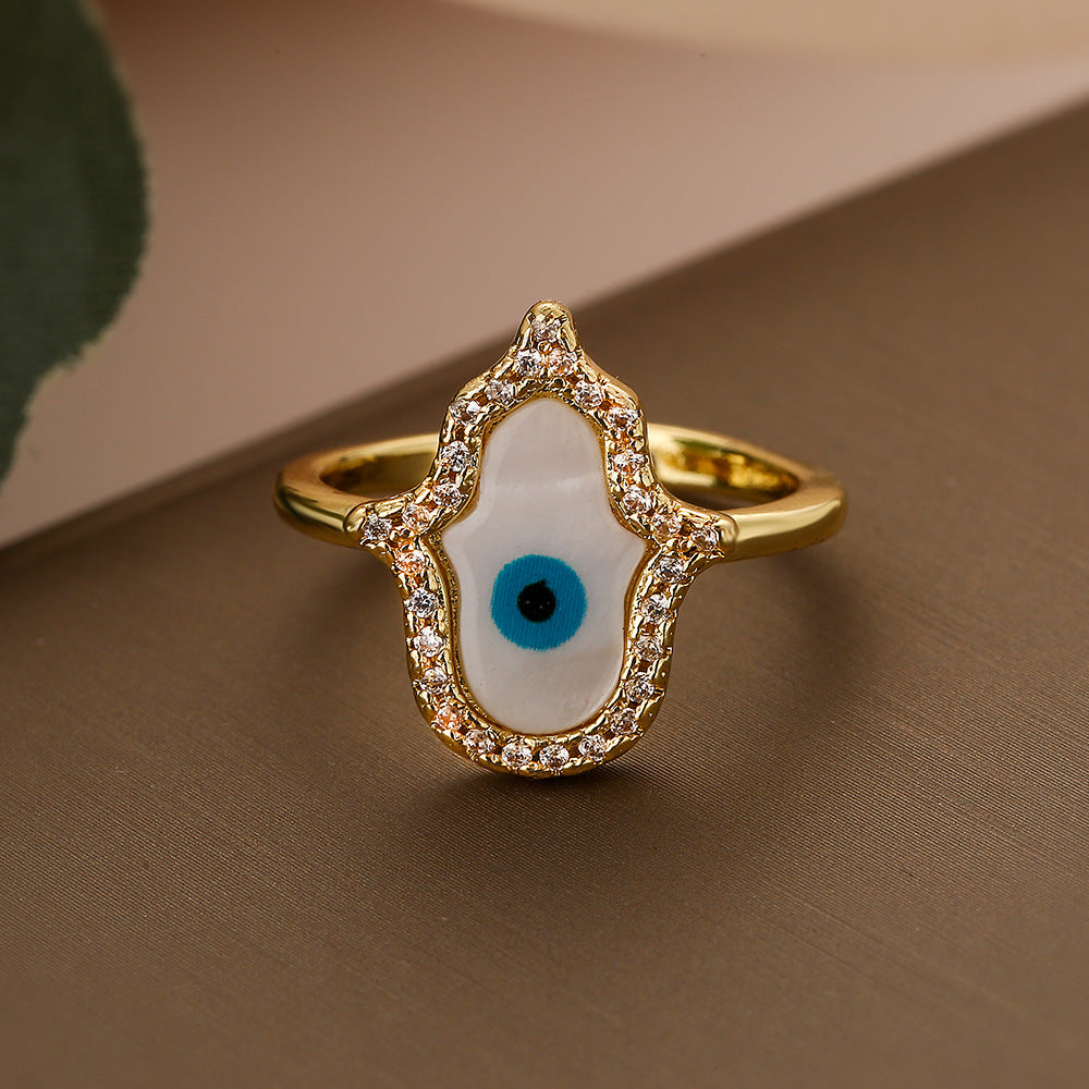 Hamsa Evil Eye Halos Stones Signet Ring