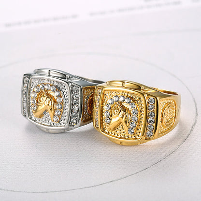 Hip-hop HIPHOP Jewelry Titanium Steel Gold-plated Inlaid Cubic Zirconia Horse Head Men's Ring