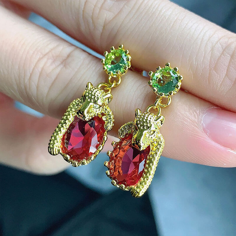 Red Diamond Leopard Earrings Vintage Imitation Ruby Stud Earrings Long Drop Earrings