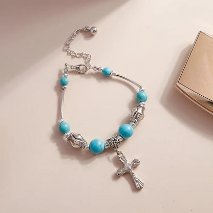 Turquoise Beaded Silver Cross Pendant Bracelet