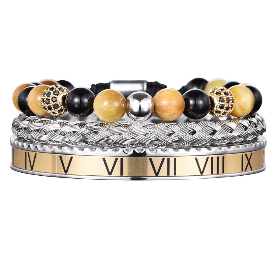 Roman Numeral Conquer Bangle Bracelet Set