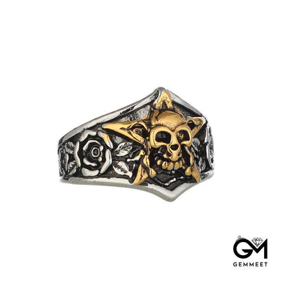 Vintage Rose Pentagram Skull Ring