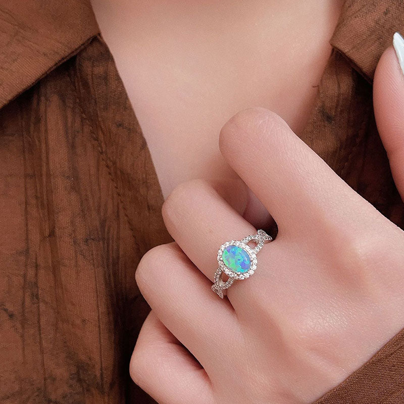 S925 Silver Egg Shaped Opal Ring