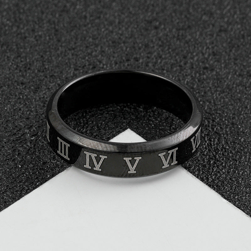 Simple Black Stainless Steel Roman Numerals Ring