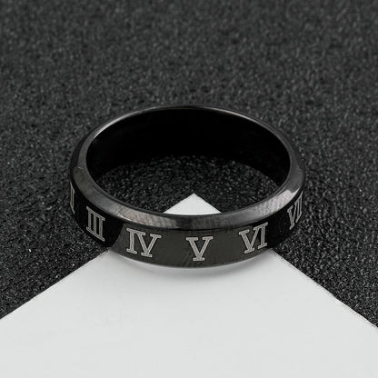 Simple Black Stainless Steel Roman Numerals Ring