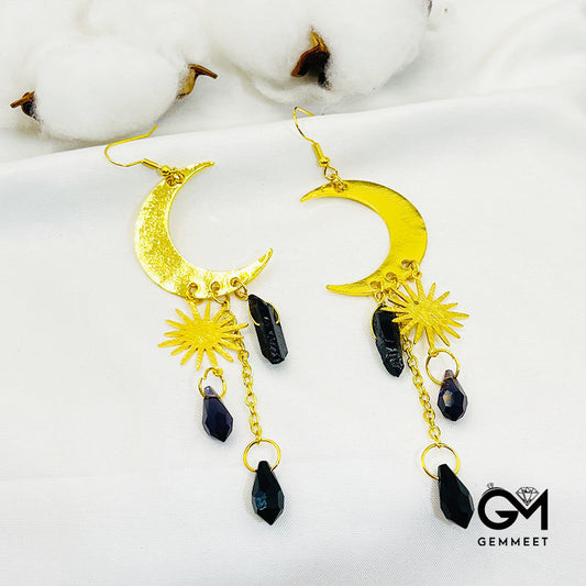 Obsidian Sun And Cresent Moon Earrings