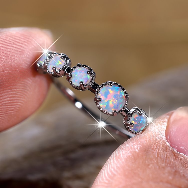 Five Blue White Opal Simple Designs Ring