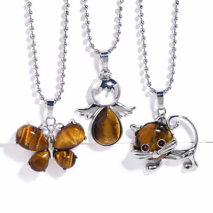 Tiger Eye Butterfly Kitten Angel Wings Pendant Necklace