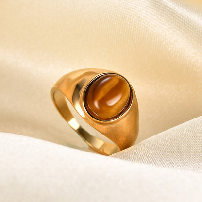 Gold Stainless Steel Oval Colored Stone Ring