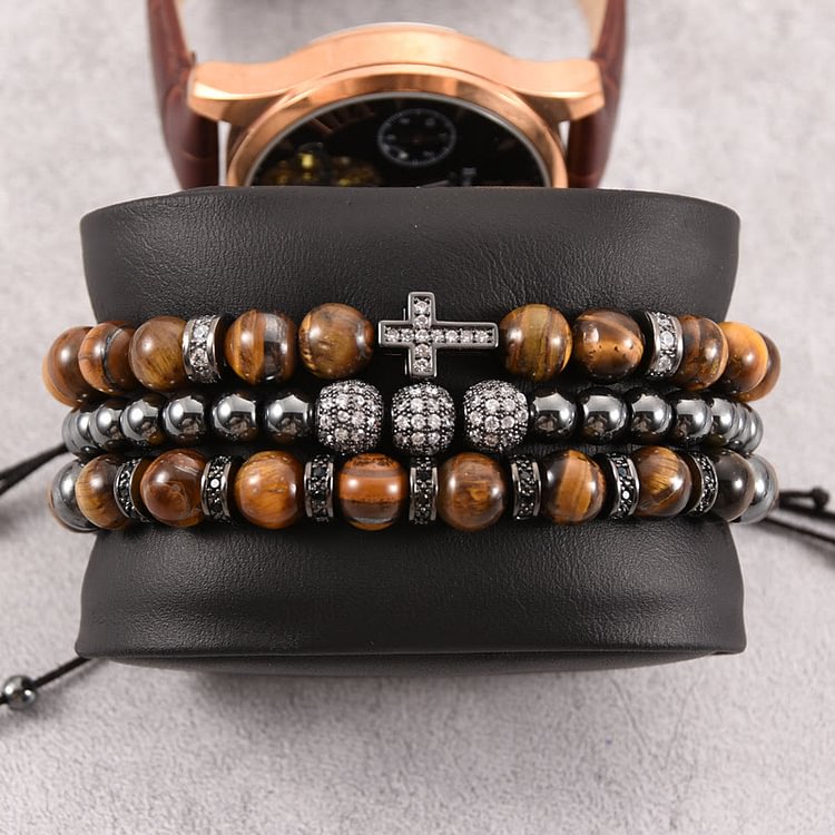 3Pcs/Set Tiger Eye Stone Beaded Men Cross Bracelet