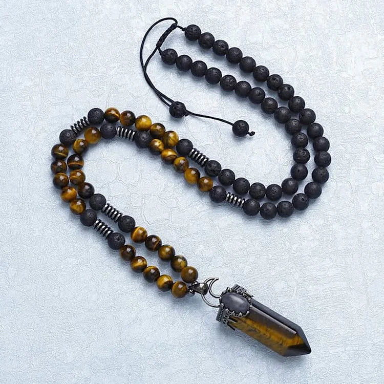 Natural Crystal Hexagon Prism Pendant Mala Necklace