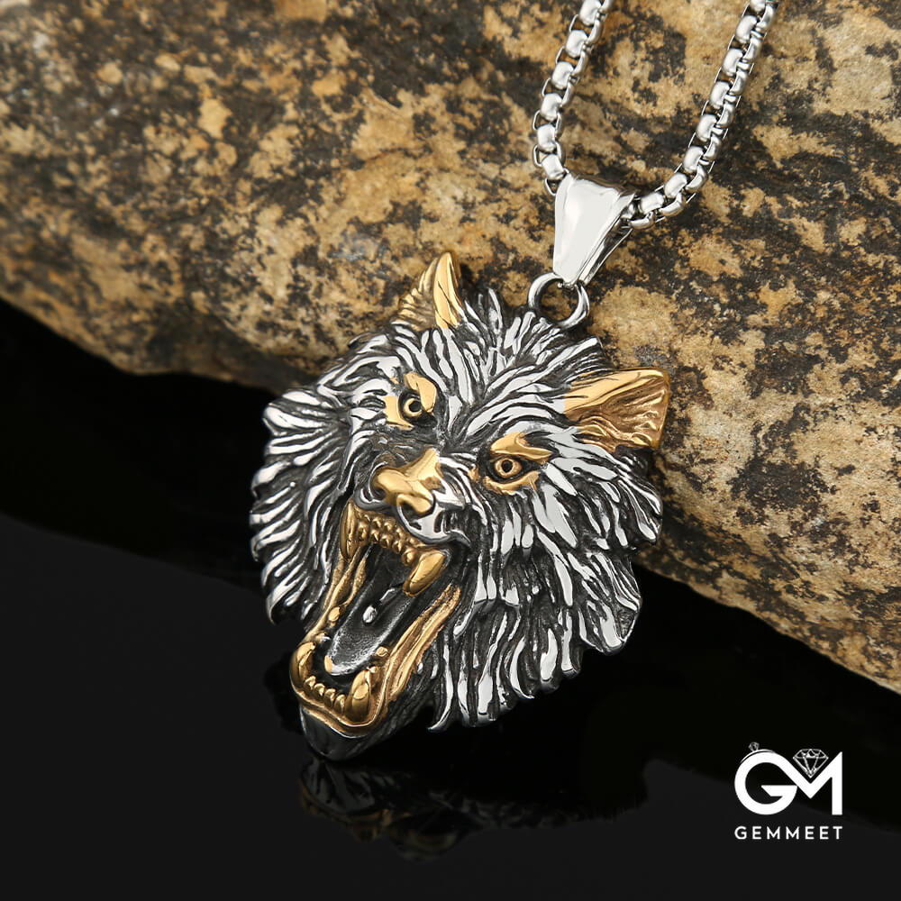 Stainless Steel Viking Wolf Head Hip Hop Necklace