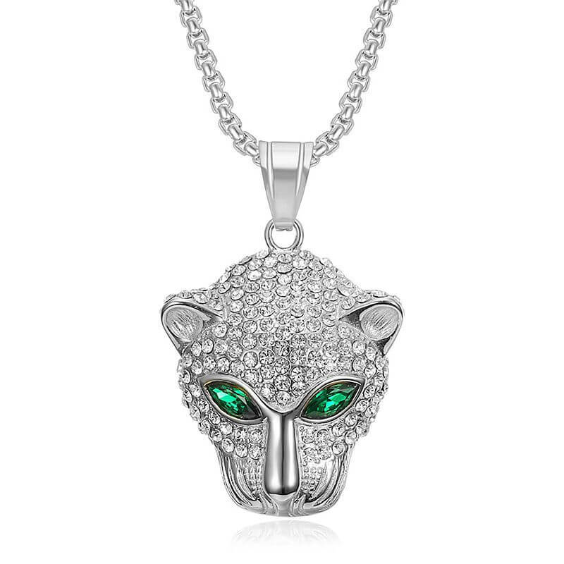 New Hip-hop Stainless Steel Inlaid Green Red Synthetic Cubic Zirconia Eyes Leopard Head Pendant for Men and Women