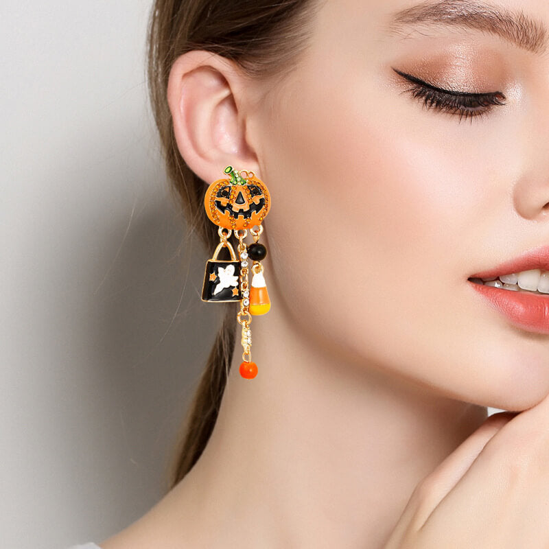 Halloween New Oil Drop Diamond Pumpkin Head Ghost Pendant Earrings