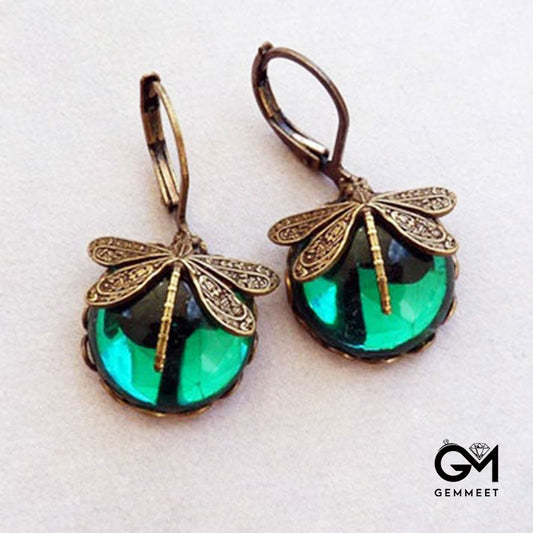 Vintage Green Dragonfly Crystal Earrings