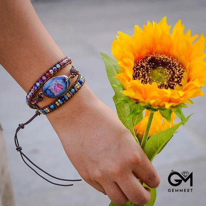 Blue Purple Emperor Stone Handwoven Leather Wrap Bracelet