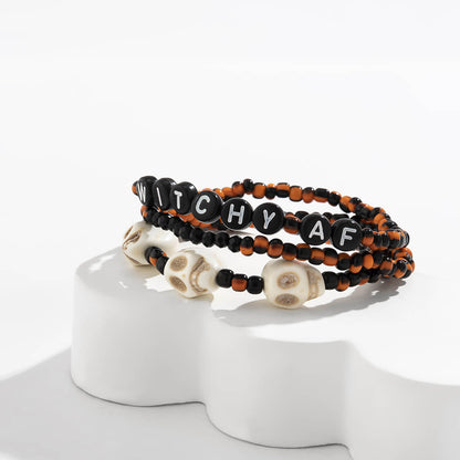 Halloween Spooky Woven Bracelet Sweet Cool Vintage Skull Beaded Alphabet Bracelet