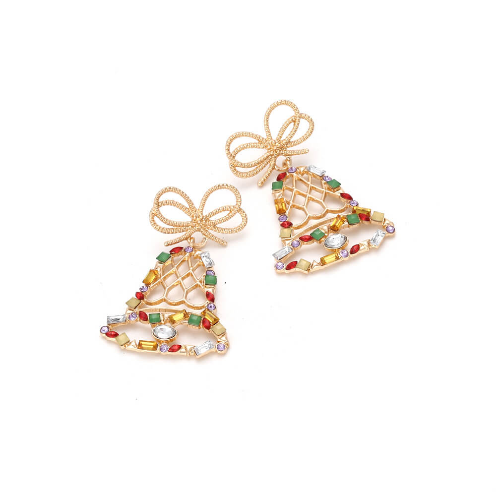 Christmas Exaggerated Color Full Inlaid Zircon Bell Earrings Retro Cartoon Bow Earrings