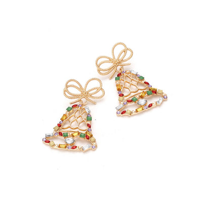 Christmas Exaggerated Color Full Inlaid Zircon Bell Earrings Retro Cartoon Bow Earrings