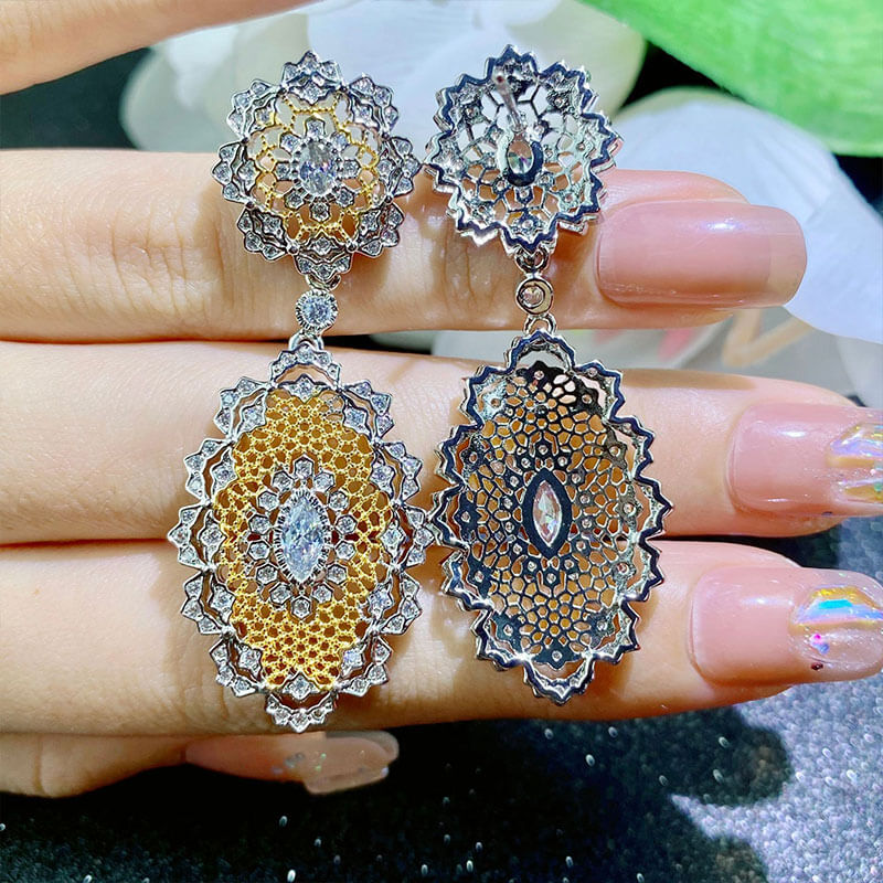 New Brushed Craft Palace Style Earrings Heavy Industry Lace Through Flower Two-color Earrings