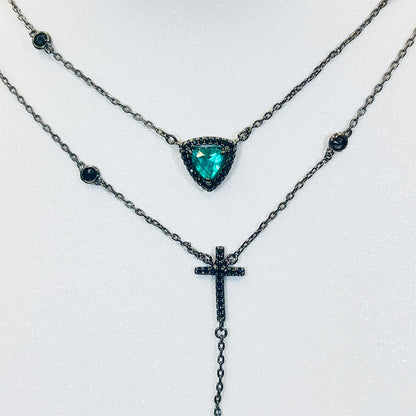 Double Cross Light Green Stone Pendant Necklace