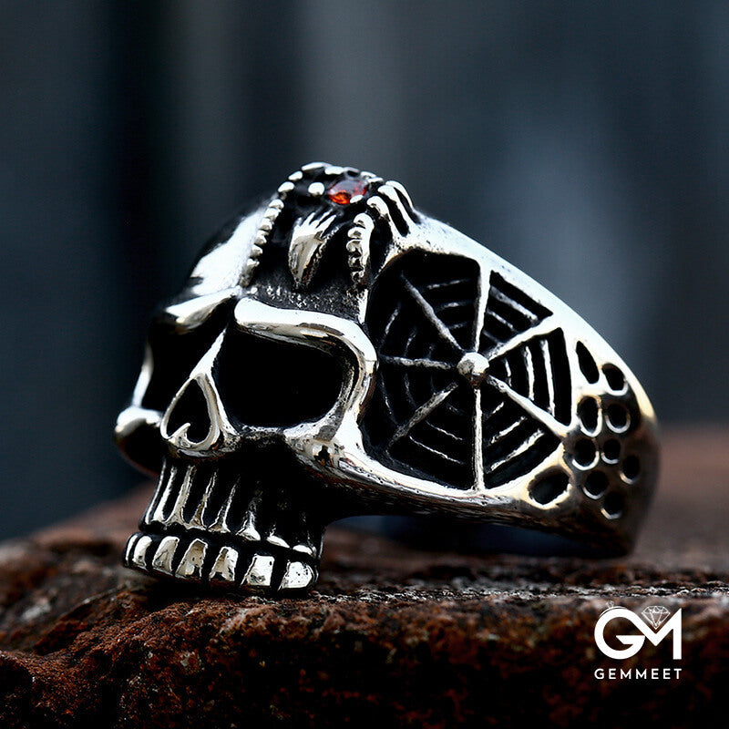 Stainless Steel Engraved Skull Red Zircon Ring