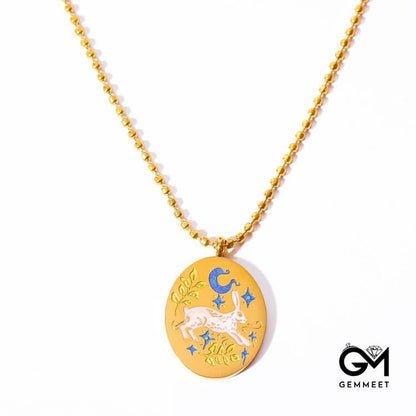 Hand Painted Dripping Oil Rabbit Zodiac Elements Necklace