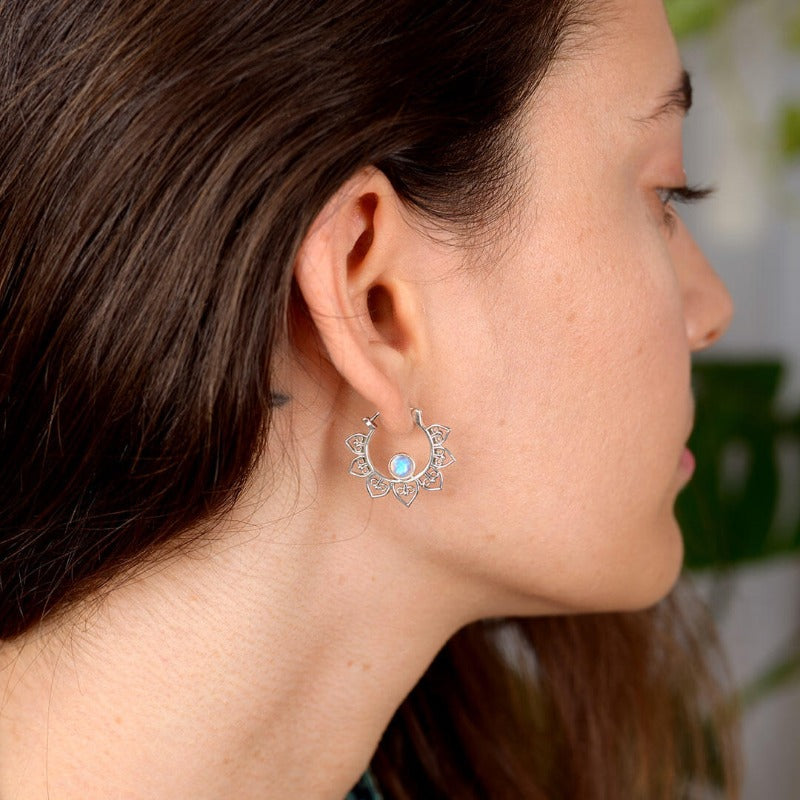 Presale: Boho Hollow Flower Moonstone Hoop Earrings