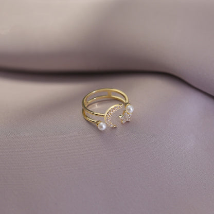 Retro Style Pearl Moon Star Zircon Ring