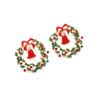 Christmas Alloy Drop Oil Inlaid Zircon Leaf Wreath Earrings Bow Knot Bell Earrings