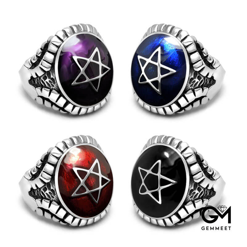 Titanium Steel Punk Pentagram Drop Ring