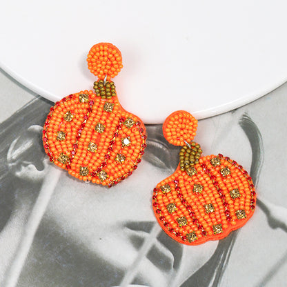 Halloween Handmade Rice Beads Inlaid Zircon Pumpkin Earrings for Women