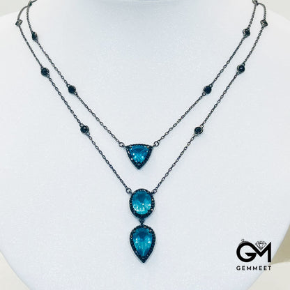 Double Triangular Drop-Shaped Pear-Shaped Blue Stone Pendant Necklace