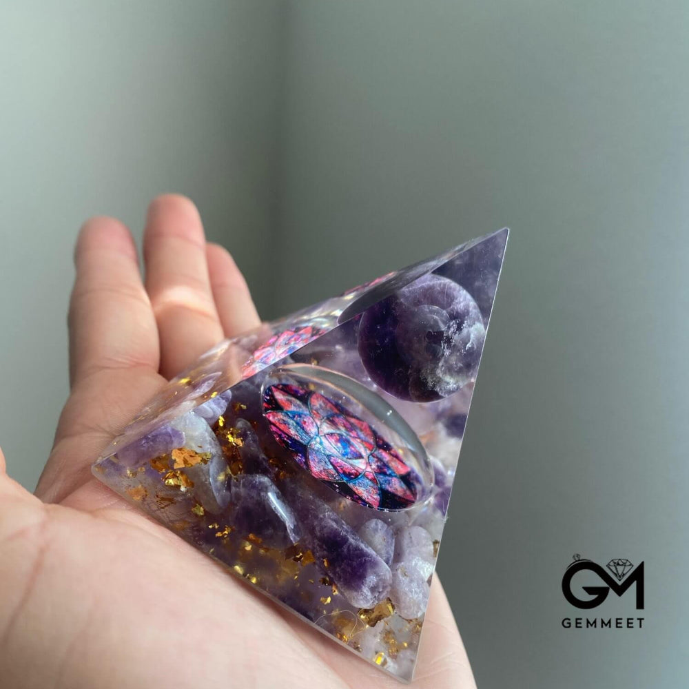 Amethyst Sphere with Amethyst Crystals Orgone Pyramid