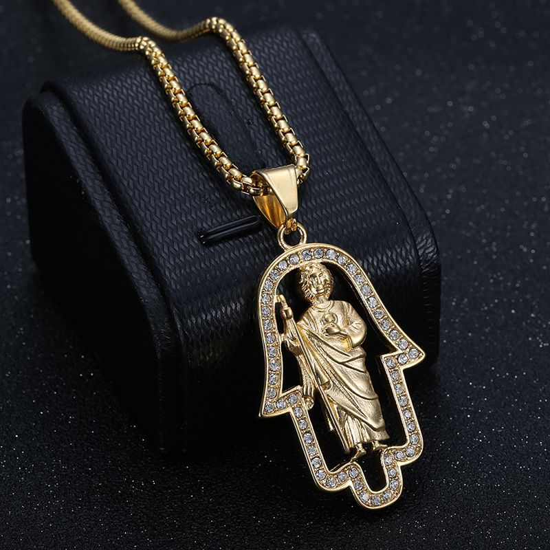 Hiphop Gold-plated Money Inlaid Zircon St. Jude Hand of Fatima Pendant