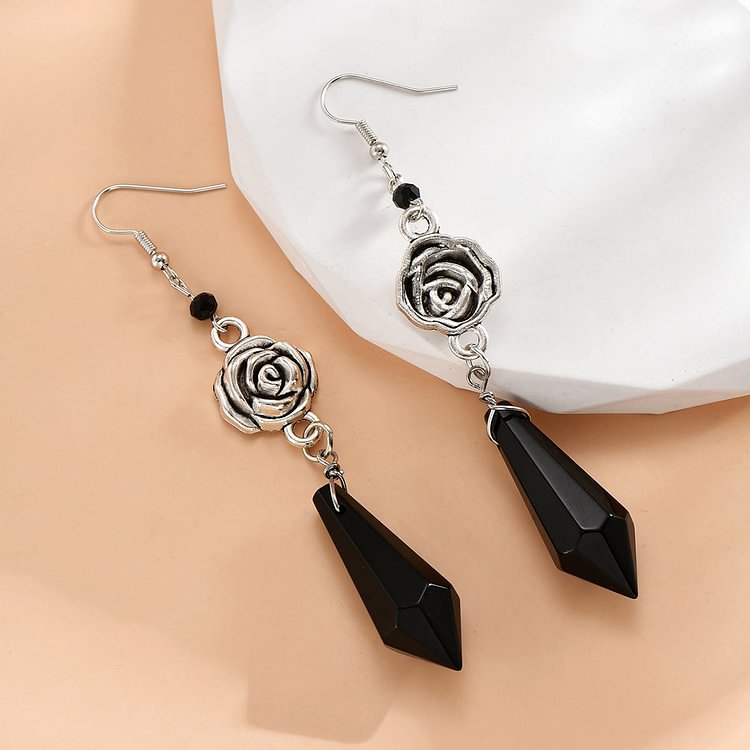 Obsidian Crystal Rose Drop Earrings