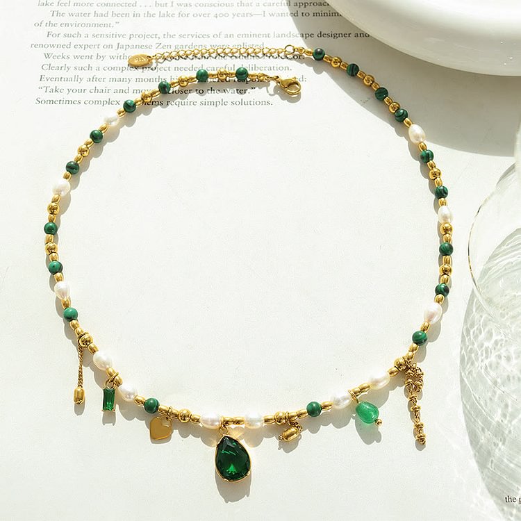 Emerald Pearl Beaded Non Fading Golden Necklace