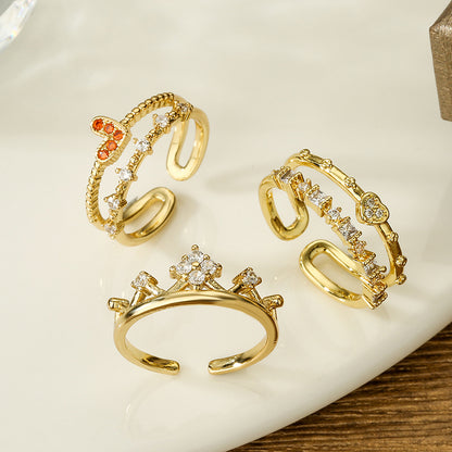 Golden 2 Layers Heart & Crown Ring