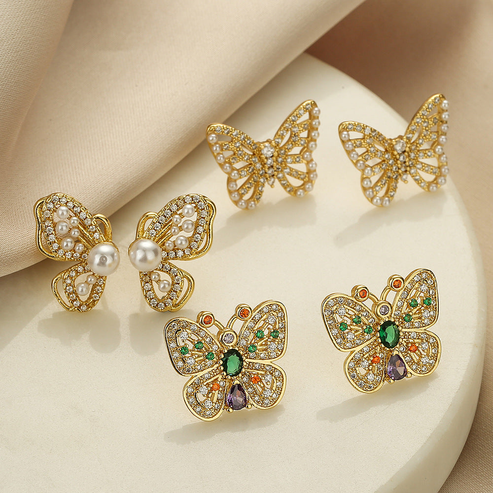 Cute Hollow Butterfly Pearl & Full Stones Stud Earrings