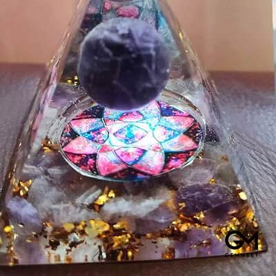 Amethyst Sphere with Amethyst Crystals Orgone Pyramid