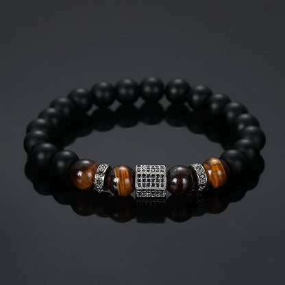 Men's Frosted Black Bead Tiger Eye Bracelet