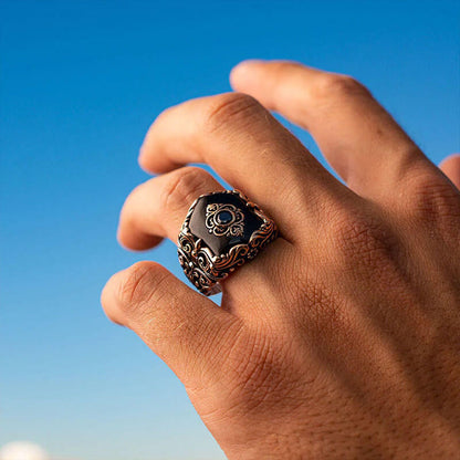 Retro Obsidian Men's Silver Ring