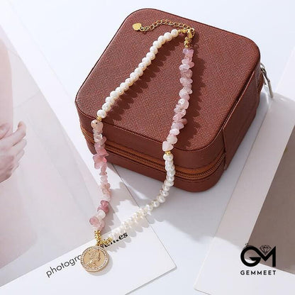 Irregular Strawberry Quartz Pearl Metal Sheet Pendant Necklace