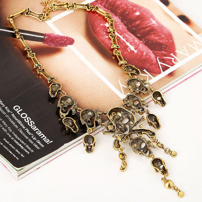 Halloween Exaggerated Skull Necklace Personality Festival Retro Ghost Head Tassel Pendant